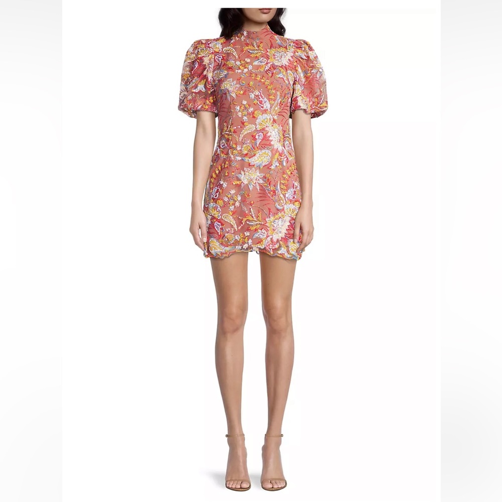 elliatt closure puff sleeve floral sequin mesh embellished mini dress size small